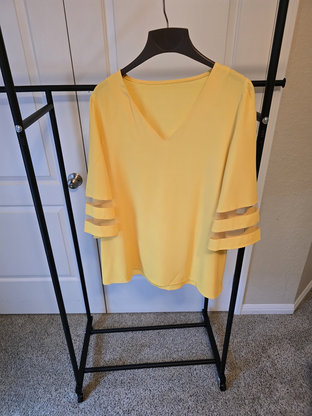 Yellow V-Neck Women's Top with Tiered Sleeves